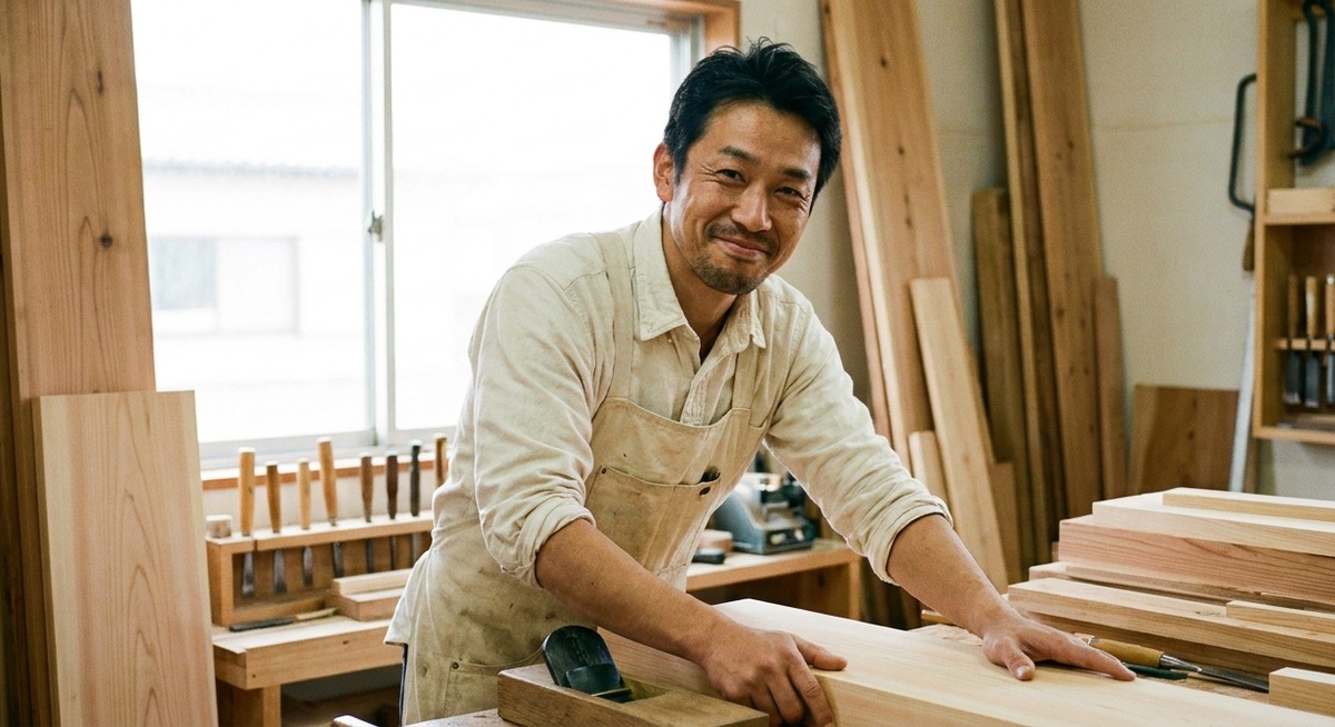 木材の並ぶ作業場で、手を止めてほほえむ大工