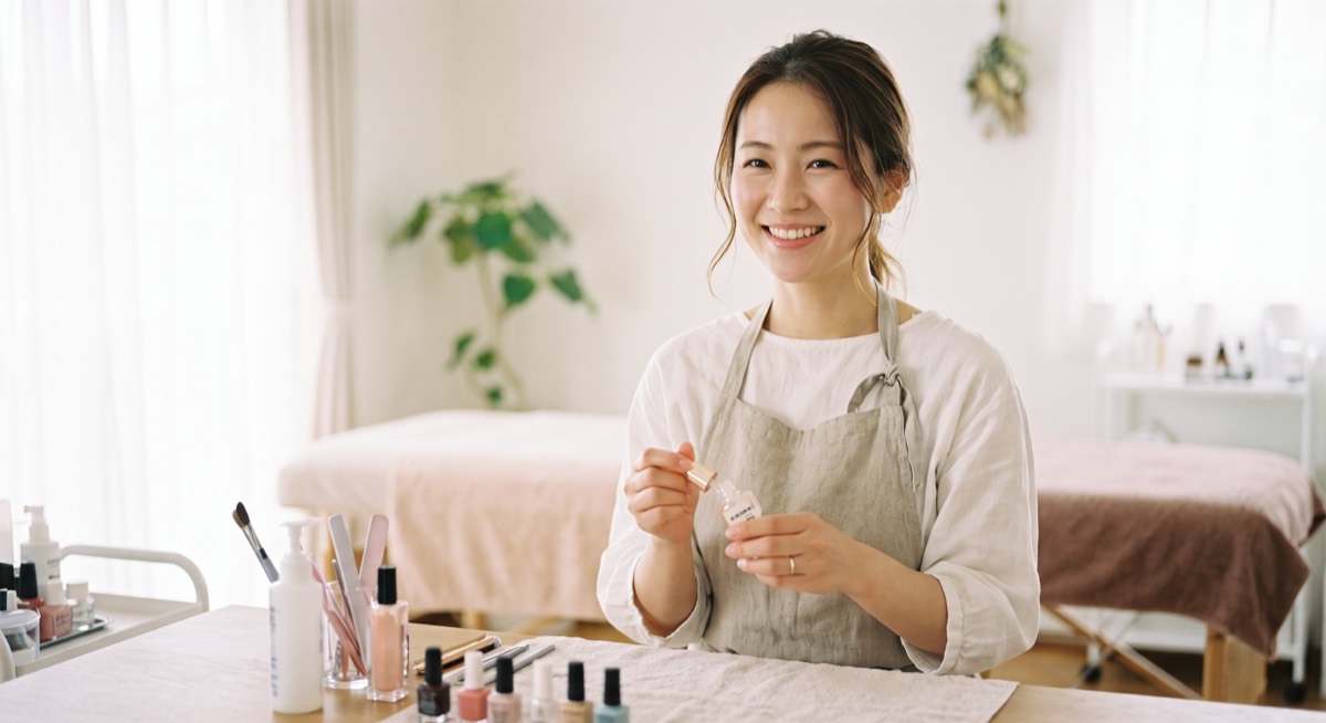 ネイルサロンの施術室で、ほほえむ女性